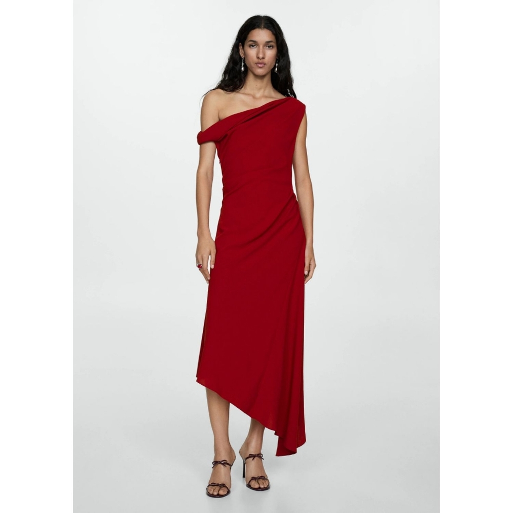 Mango Red Asymmetrical Off The Shoulder Pleated Midi Dress
